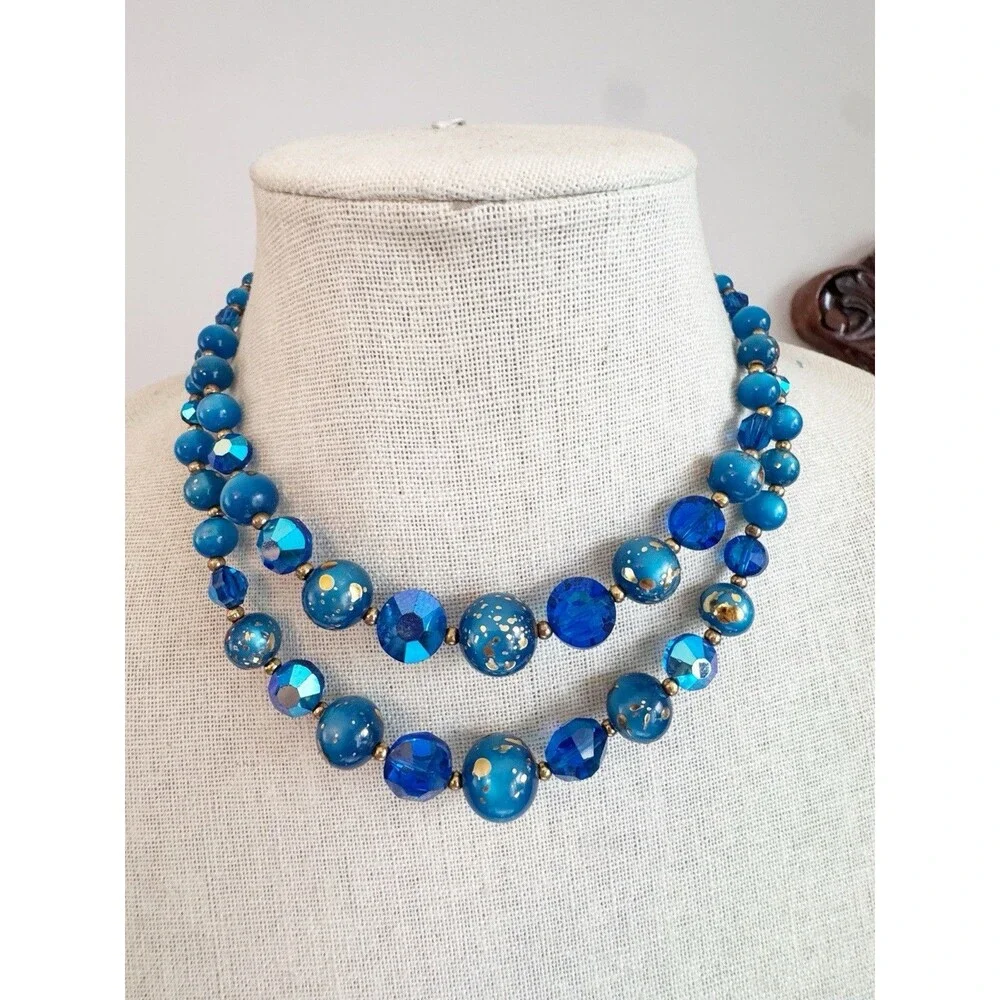 Vintage MCM Peacock Blue Iridescent Two Strand Beaded Necklace Glass Gold Fleck